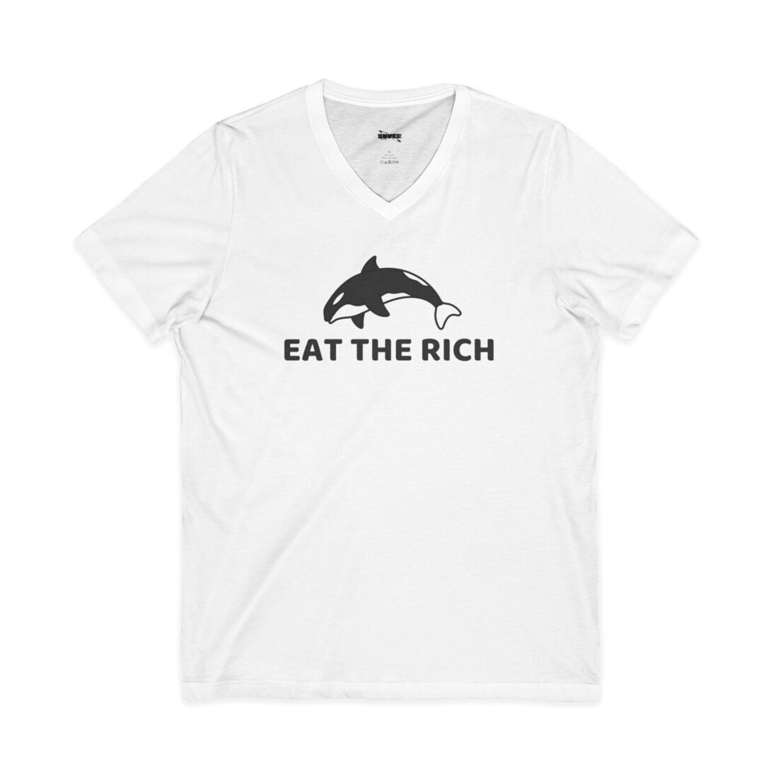 V-Neck Tee — 'Eat the Rich' Orca Graphic Shirt